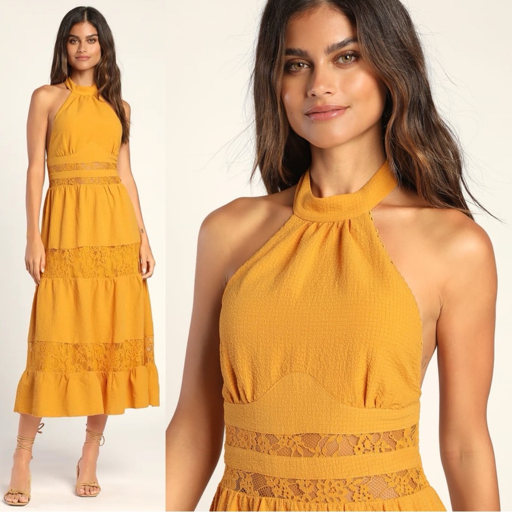 Lulu’s Sunshine Fine Marigold Tiered Lace Halter Dress